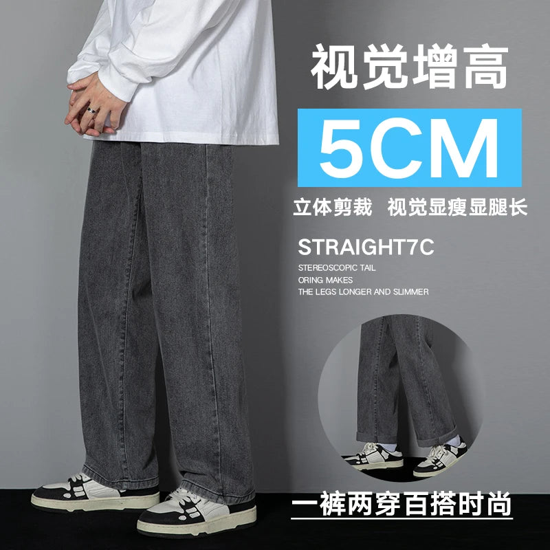 2025 New Korean Men's Casual Long Jeans Classic Man Straight Denim Wide-leg Pants Solid Color Light Blue Grey Black 3XL